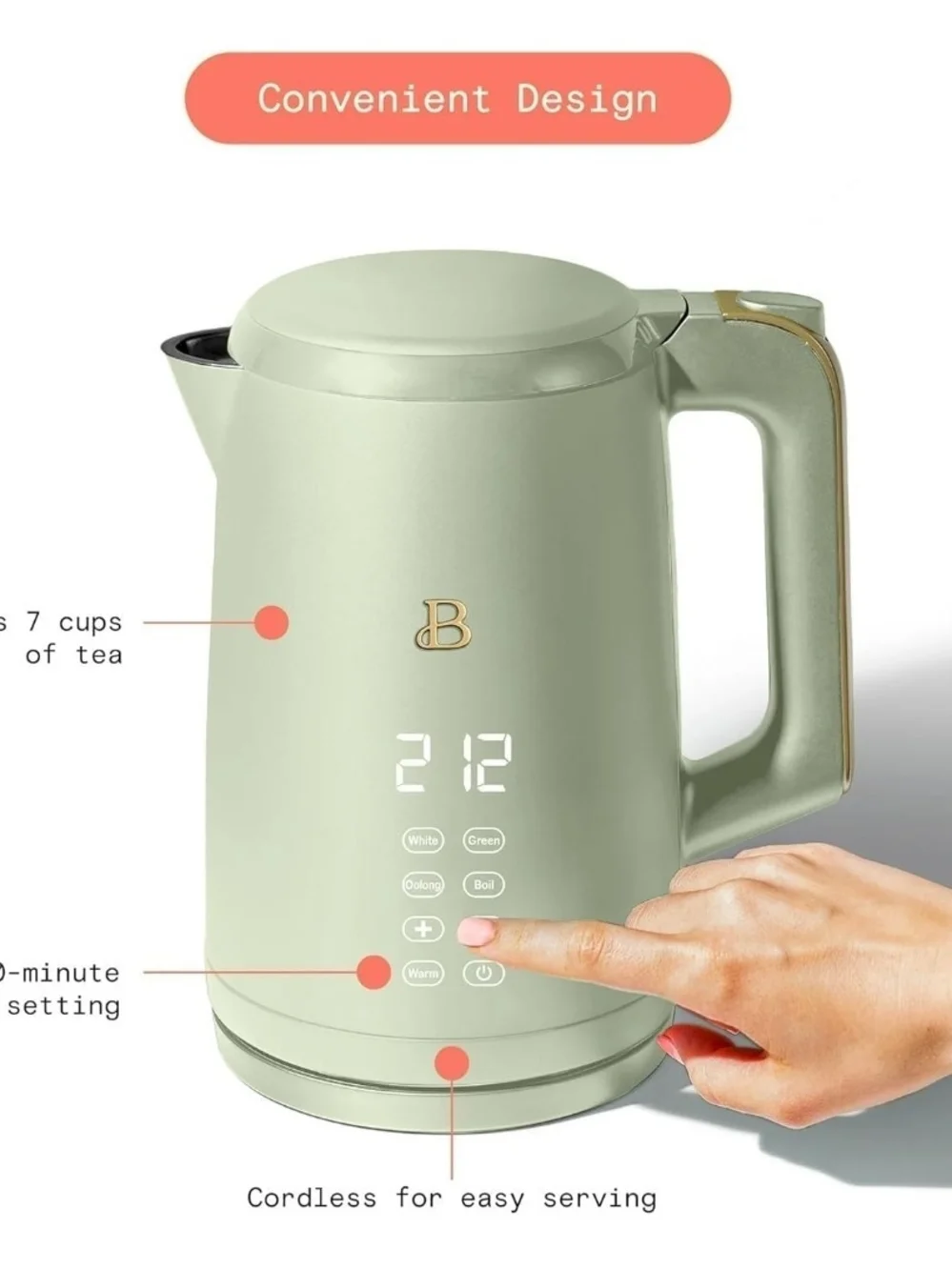 Beautiful 1.7L Electric Tea Kettle 1500W Adjustable Temp Cordless Sage Green